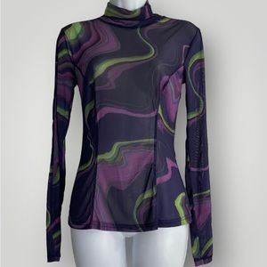 Fabletics Felicity Mesh Shirt Size Small Long Sleeve Turtleneck Psychedelic Top